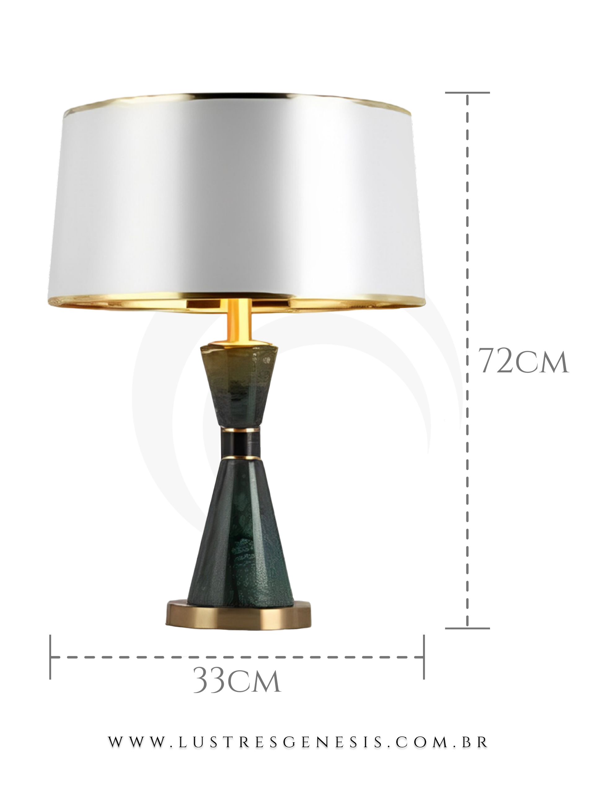 Abajur Xenon de mesa com base em tom verde escuro e detalhes dourados, cúpula branca com bordas douradas, ideal para quartos ou escritórios.